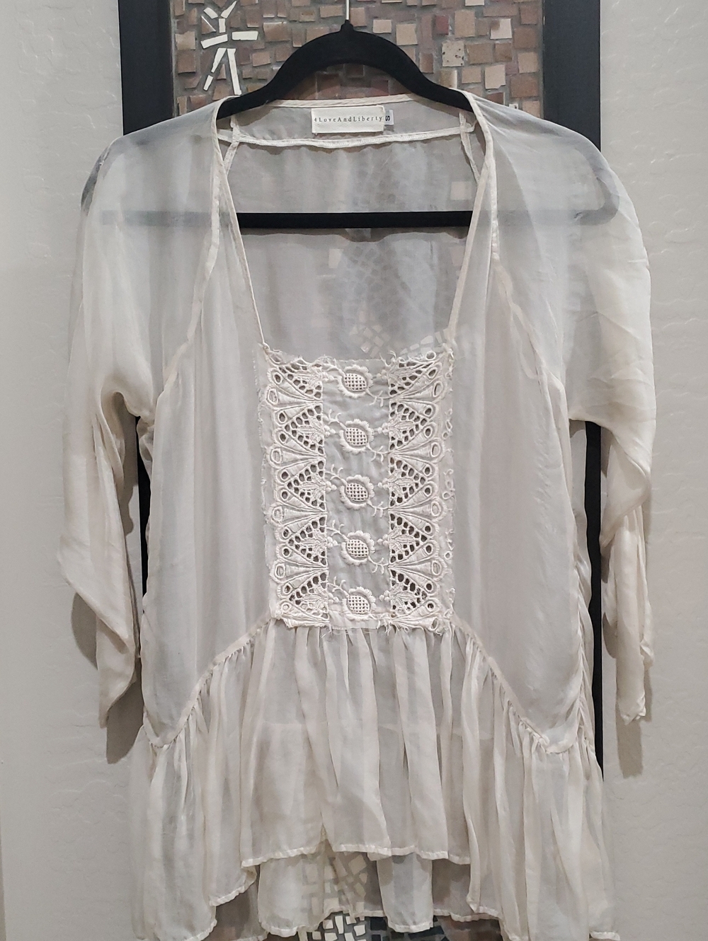 For Love And Liberty Light Cream Crochet-Front Peasant Silk Tunic